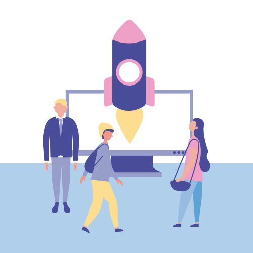 outdoor business people rocket computer tecnology vector illustration